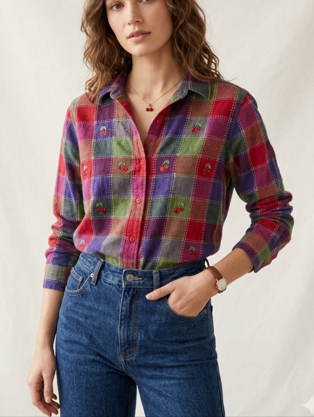 Casey & Max Vintage cotton cherry plaid button Teacher shirt Cabincore 258